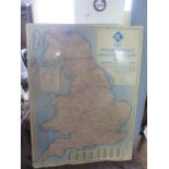 An RAC Tin Backed Road Map of England & Wales and Lowlands of Scotland, 61x46cm