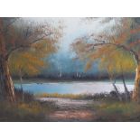 A Large C20th Oil on Canvas by C Garrard depicting a Lake and Woodland Scene, 90 x 60cm, Gilt Frame