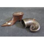 An Antique Snuff Mull and treen mother of pearl inlaid shoe snuff (covers missing)