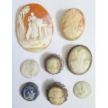 A Silver Mounted Shell Cameo Brooch and other cameos