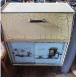 A 1950's Cocktail Cabinet with crackled finish and glass with Mexican themed decoration, 97(h)x89(