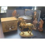 Two Autograph Books, music box and European carved wooden figures, copper pot etc.
