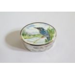 An Elizabeth II Silver and Enamel Oval Pill Pot decorated with a kingfisher and river scene, 35mm