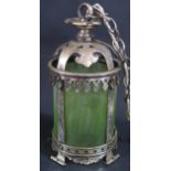 A Planished Metal Pendant Light Shade with green glass shade, c. 1920's, 27cm to top of hanging loop