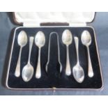 A George V Cased Set of Six Silver Teaspoons and Sugar Tongs, Sheffield 1931, Northern Goldsmiths