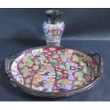 A Varge Studio Pottery Two Handled Tray 44cm and vase (vase A/F)