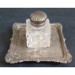 A Victorian Silver Mounted Cut Glass Inkwell on Stand with period inscription, Sheffield 1894, Atkin