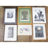 Four Prints by Various Artists, One Collage and a Watercolour