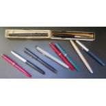 A Collection of Fountain Pens including two PARKER Lucky Curve, 51 (one with owner's name), Duofold,