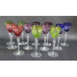 A Set of Twelve Multi Coloured Overlay Glass Hock Glasses, 22cm