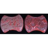 An Antique Chinese Carved Cinnabar Box decorated with figures in a landscape, 10cm diam. Faults