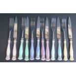 A George V Set of Six Silver Gilt Handled and Multi Coloured Enamel Fruit Knives and Forks,