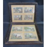 A Set of Eight Rowlandson Georgian Hunting Prints arranged in two glazed frames