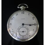 An ELGIN 14K White Gold Cased Open Dial Keyless Pocket Watch, 44mm case with 17 jewel movement