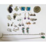 A Selection of Silver Pendants, Earrings and Brooches, c. 82g gross