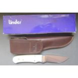 A Linder Ivory Micarta Knife in leather sheath 2008 L143509 440, original receipt, boxed