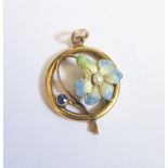 A Cased 9ct Gold, Sapphire, Pearl and Enamel Pendant, 18mm diam., 2.1g