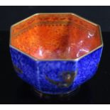 A Small Wedgwood Fairlyland Lustre Hexagonal Bowl decorated with birds on a mottled blue ground