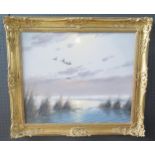 G Brohiner, Ducks flying over the marshes at Sunset, Oil on Canvas, 59 x 50cm, Gilt Frame