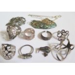 A Silver and Marcasite Floral Spray Brooch (4.3cm), silver rings, etc.