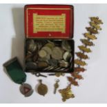 A Box of World Coins, pocket watch keys, safe driving competition medal etc.