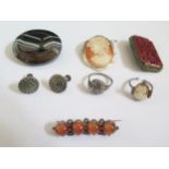 A Victorian Banded Agate Brooch (4.5x3.5cm), Chinese cinnabar brooch, other brooches, rings and