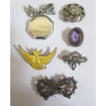 An Edwardian Silver MIZPAH Brooch, amethyst and opal brooch, silver and enamel bird brooch etc.