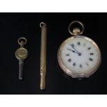 A 9K Gold Ladies Fob Watch with chased foliate decoration and enamel decoration and gilt quill pen