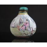 A Chinese Enamel Snuff Bottle decorated with a seated figure amidst rocks and another with a