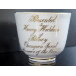 A Unique Victorian Moustache Teacup with inscription "Presented to Harry Hutchins of Putney Champion