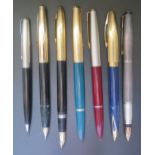 A Selection of Fountain Pens including silver PARKER, two 51's, pencil and three Sheaffer
