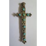 A Silver, Turquoise and Seed Pearl Cross Brooch, 9cm