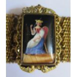 A 19th Century Continental Gilt Mesh Bracelet with porcelain panel decorated with a seated lady,
