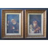 A Pair of 19th Century Portraits of elderly men, one lighting a pipe and one with a stick and hat,