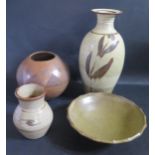 A Lowerdown Stoneware Pottery Vase (18cm), one larger, bowl and ovoid vessel