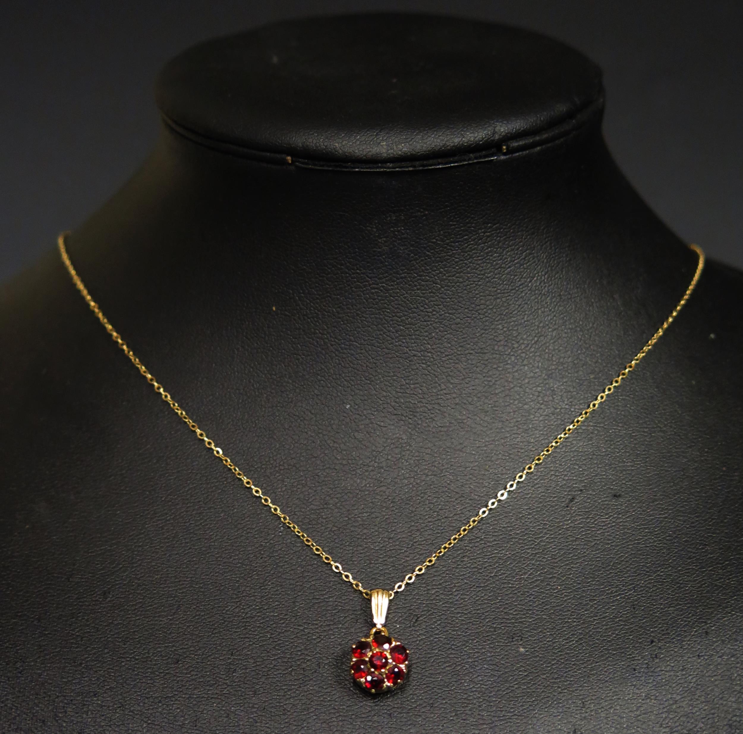 A 9ct yellow Gold and Seven Stone Garnet Cluster Pendant (20mm drop, 1.3g) and on a 9ct gold