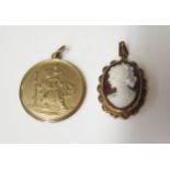 A Yellow Metal St. Christopher Pendant (24mm diam., 4g) and 9ct gold framed cameo pendant, 3g