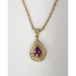 An 18ct Yellow Gold, Ruby and Diamond Pear Shaped Pendant on integral 15.5" chain, set with a
