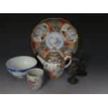 Chinese Pottery and Two Metal Figures. Incl. Teapot, Bowl.