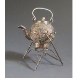 A Miniature Unmarked Chinese Silver Tea Kettle on stand decorated with dragons, 8cm high, 39g