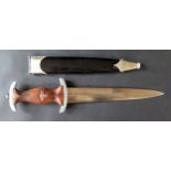 German SA Type Knife. Inscribed Blade. Wood Grip and Black painted Scabbard.