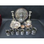 A Selection of Electroplated Silver including a pair of 25cm candlesticks, sauceboat, swing