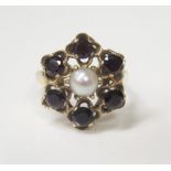 A 9ct Gold, Six Garnet and Half Pearl Cluster Ring, 18mm head, size M, 3.5ct