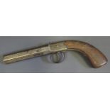 Percussion Pistol By Riley of London. 8.3cm Barrel and chequered wood grip. Hammer missing. 22cm.