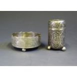 A Middle Eastern Silver Salt and Pepper with chased stylised foliate and bird decoration and