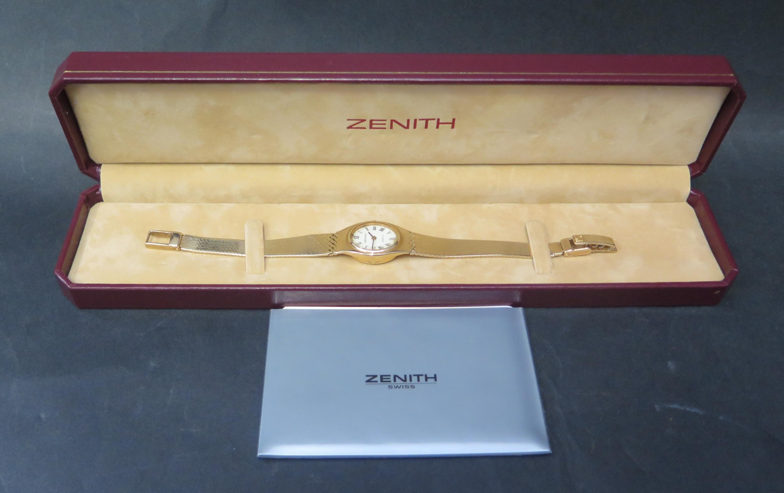 A Ladies Zenith 9ct Gold Quartz Wristwatch with box and sales card, 22.1g including watch - Image 3 of 4