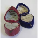 A Victorian Blue Plush Heart Shaped Ring Box labelled for John Payne Blackpool and another in red