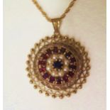 A 9ct Yellow Gold, Garnet and Pearl Target Pendant (31.5mm diam. 9g) and on a 9ct 16" chain, 3.2g