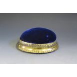 A Large Silver Gilt and Blue Plush Ring Box, base 19x14cm, 8.5cm high, marks indistinct