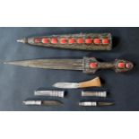 Kindjal Dagger and Ceylonese Knives. Kindjal with Wood Scabbard and Hilt. Two small Ceylonese